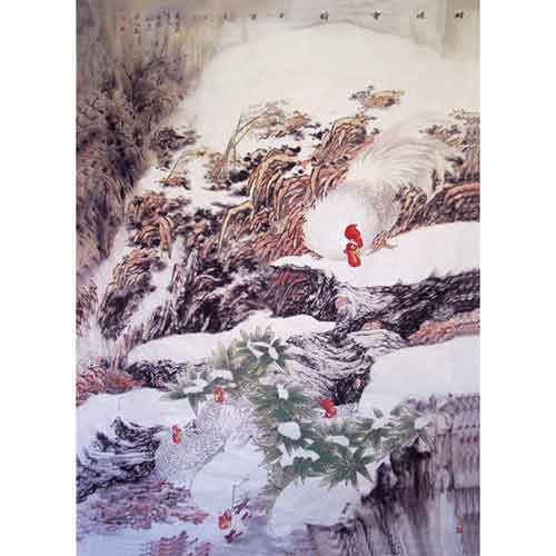 画家刘振平国画鸡作品：村垣雪韵