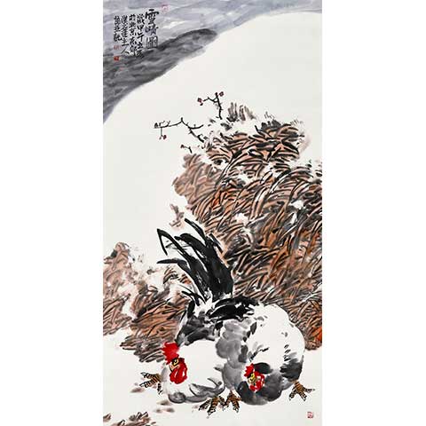 画家刘振平国画鸡作品：雪晴图