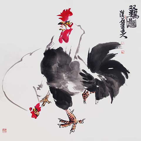 画家刘振平国画鸡作品：双鸡图
