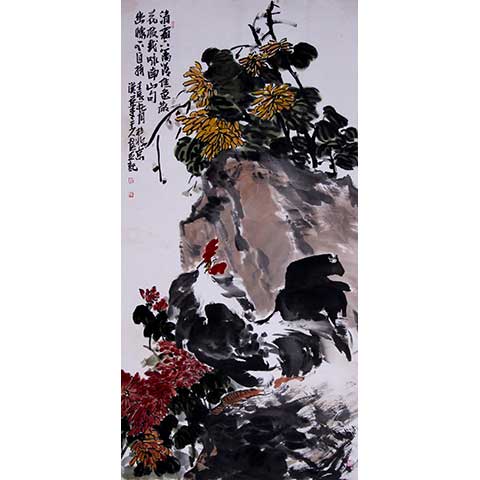 画家刘振平国画鸡作品：清霜下篱落 佳色散花枝