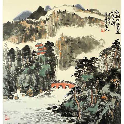 画家刘振平山水国画作品：古树带秋色 遥山明夕晖昂